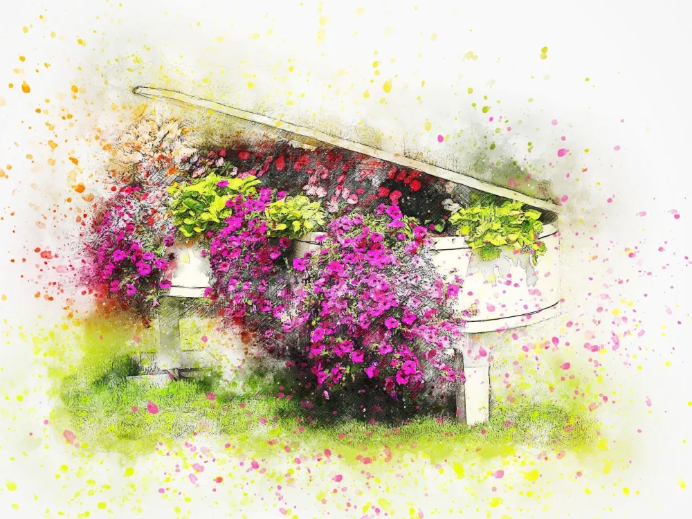 Tecknat piano med blombuketter